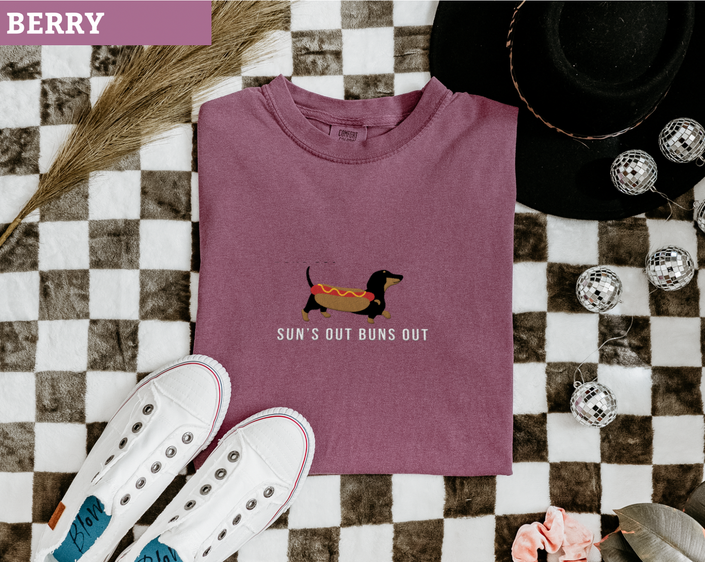 ‘Sun’s out buns out’ Embroidered Dachshund Tee