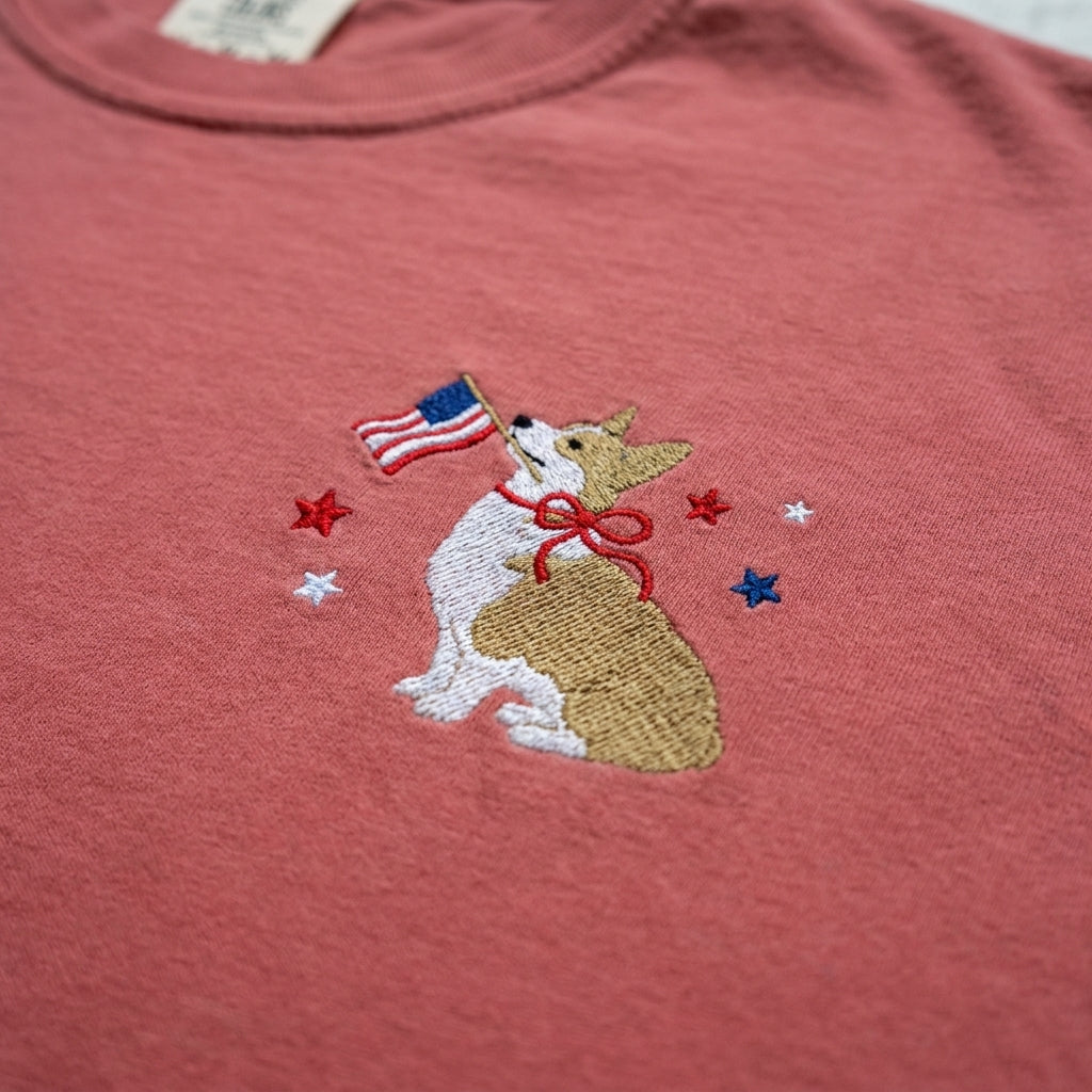 Patriotic Corgi Embroidered Tee