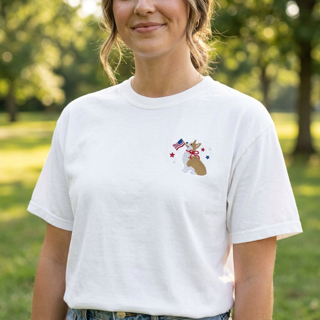 Patriotic Corgi Embroidered Tee