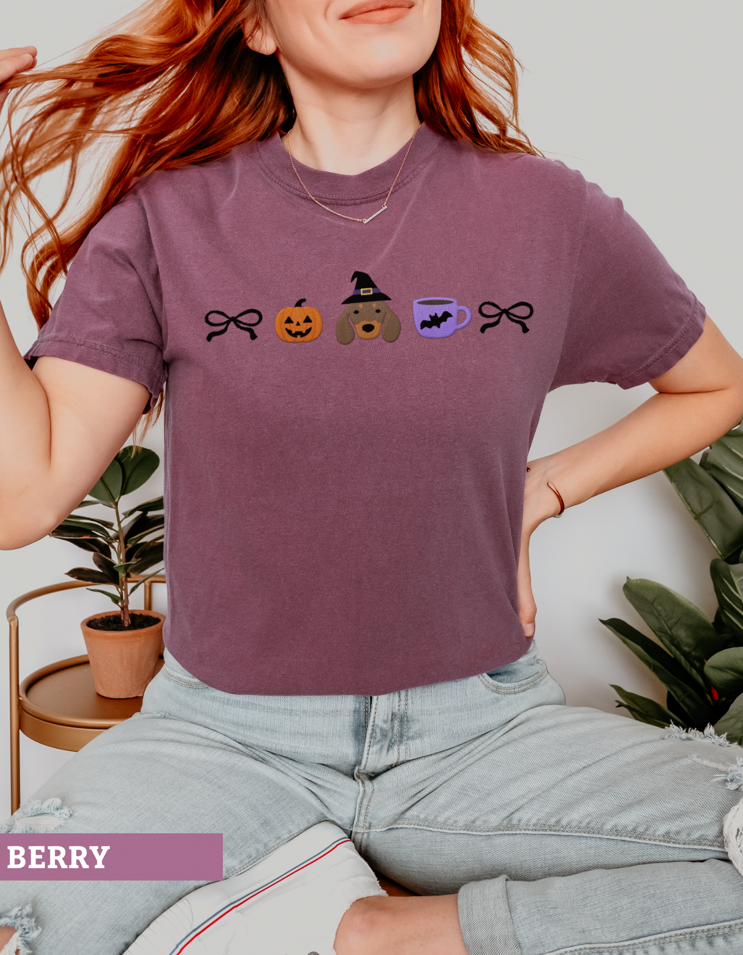Witch Dachshund Halloween Embroidered Tee