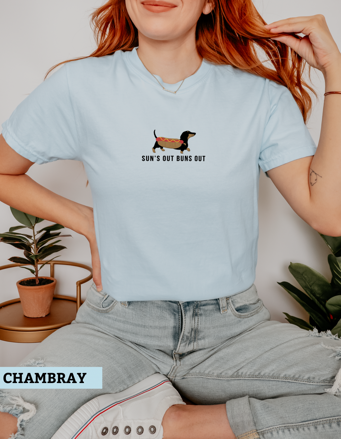 ‘Sun’s out buns out’ Embroidered Dachshund Tee