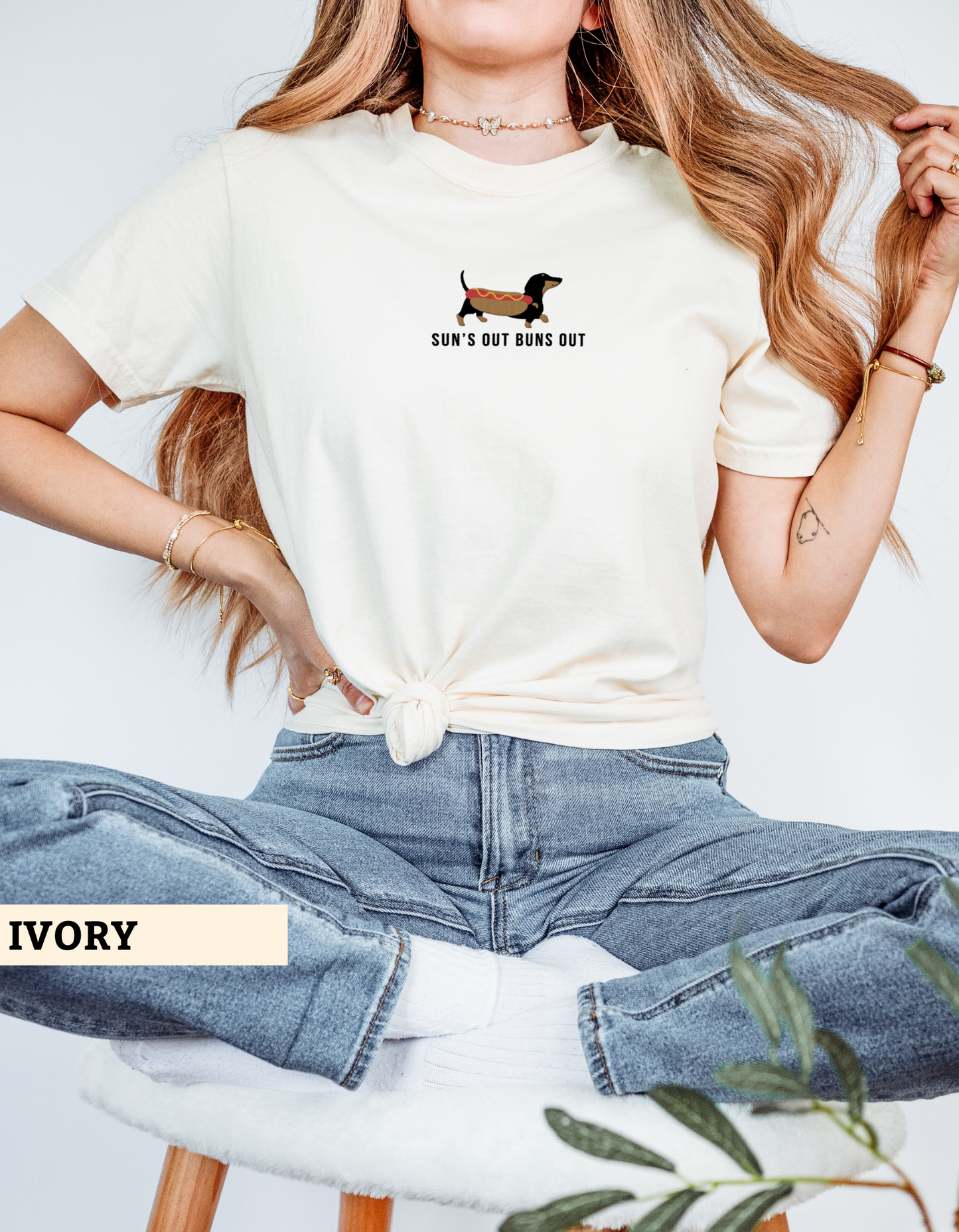 ‘Sun’s out buns out’ Embroidered Dachshund Tee