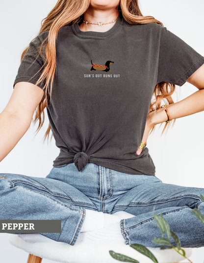 ‘Sun’s out buns out’ Embroidered Dachshund Tee
