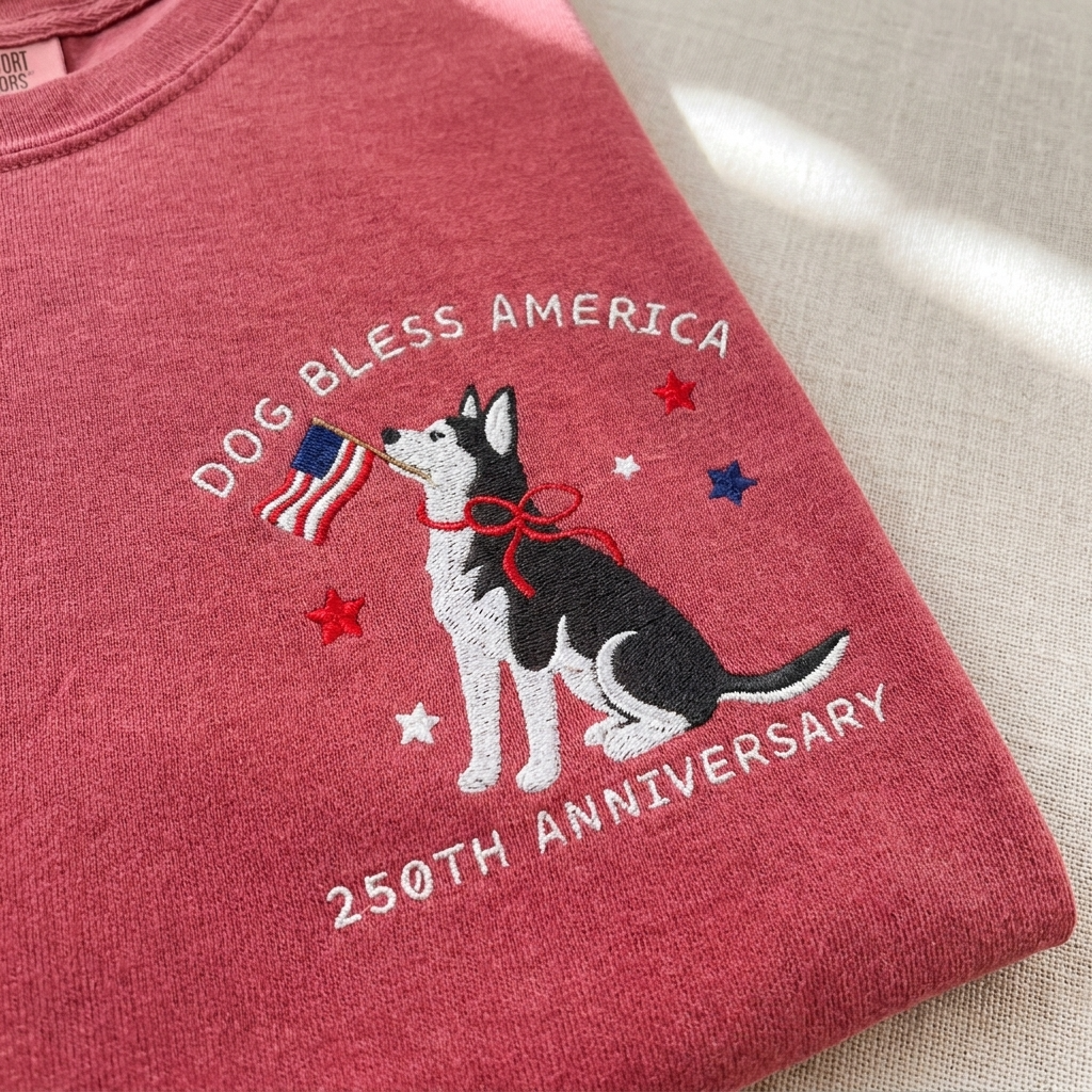 'Dog Bless America' Husky Embroidered Tee